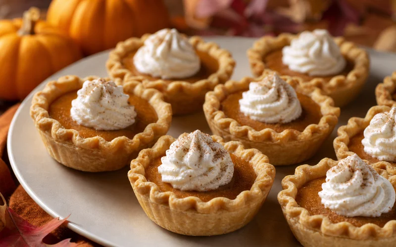 Mini pumpkin pies with golden crusts, creamy filling, and whipped cream on a holiday dessert plate