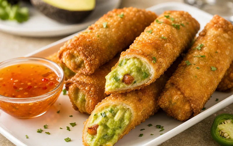 Crispy Cheesecake Factory style avocado egg rolls with creamy filling and sweet dipping sauce