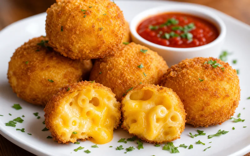 Golden crispy fried macaroni and cheese bites with gooey cheddar center and marinara dipping sauce