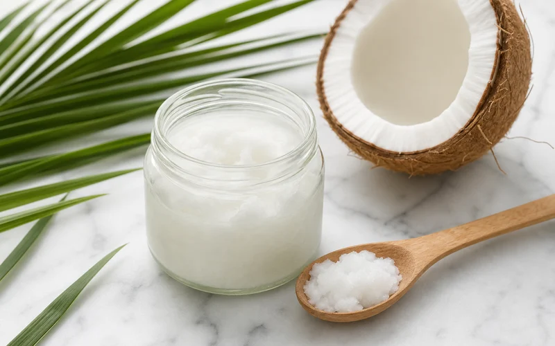 Jar of virgin coconut oil with fresh coconut and natural wellness supplies on a clean counter