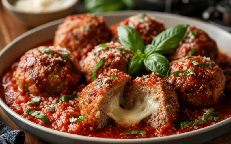 Baked mozzarella stuffed meatballs in marinara sauce with melted cheese center