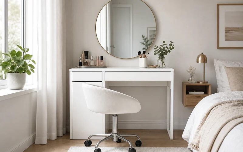 IKEA MICKE desk dressing area vanity with mirror and stool in a bright bedroom corner
