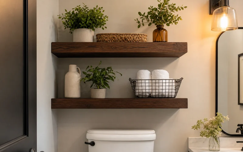 Chunky dark walnut DIY floating shelves above a toilet in a powder room bathroom