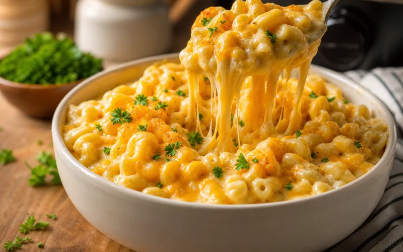 Creamy crock pot mac and cheese with elbow pasta, melted cheddar, and fresh parsley