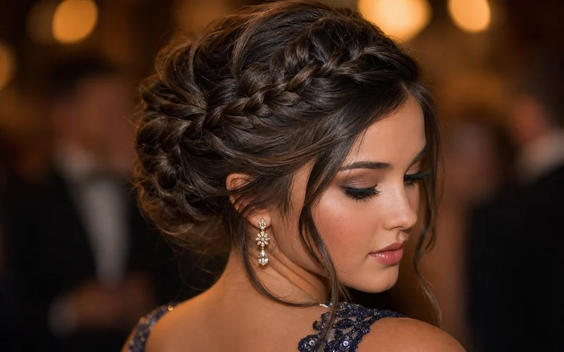 Crown braid prom hairstyle with soft waves and formal glam makeup