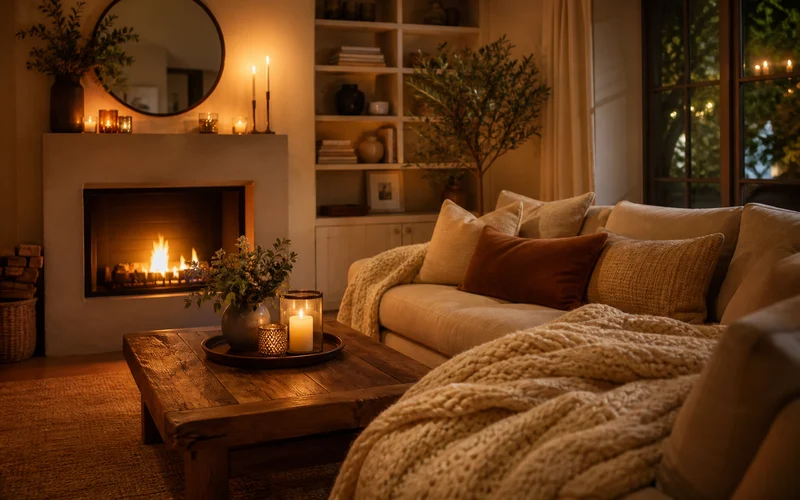 Cozy living room with warm soft lighting, plush blankets, and inviting home decor
