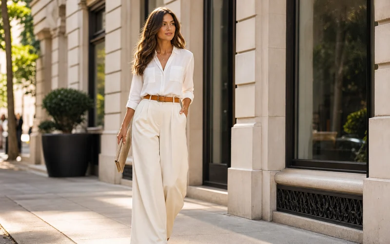 Woman wearing cream palazzo pants with a tucked white blouse and tan belt in a polished street style outfit