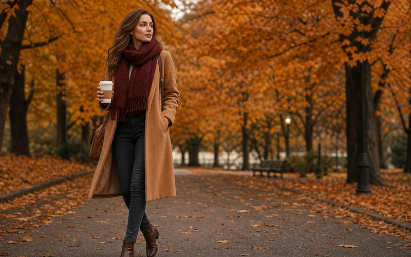 Woman in layered fall fashion outfit with camel coat burgundy scarf and brown boots in autumn park