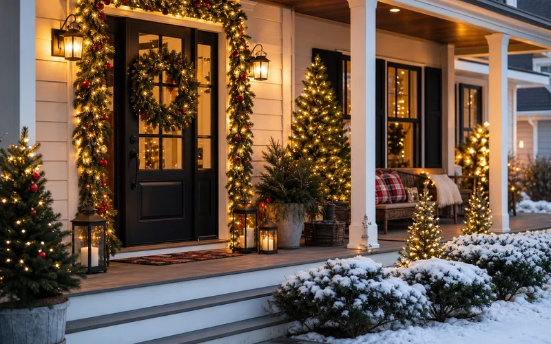 Christmas porch decorating ideas with wreath garland planters and warm holiday lights on a front entry
