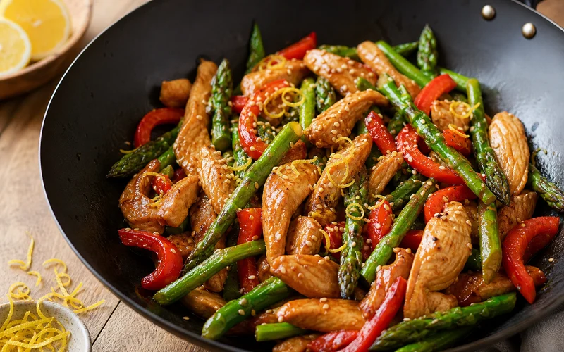 Chicken asparagus lemon stir fry with glossy sauce, bell pepper, and sesame seeds in a wok
