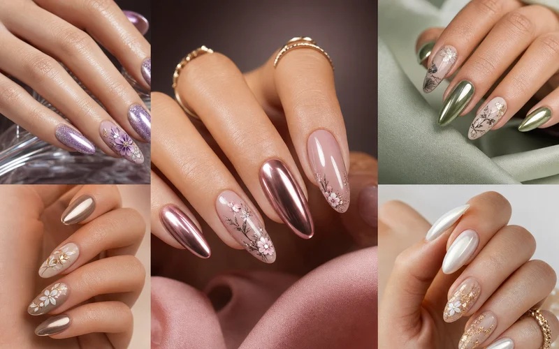 Attention grabbing nail art designs collage with chrome glitter floral and graphic manicure ideas