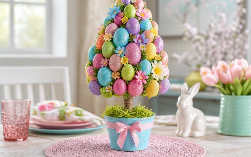 Completed colorful Easter egg tree craft centerpiece with glitter foam eggs on a spring table