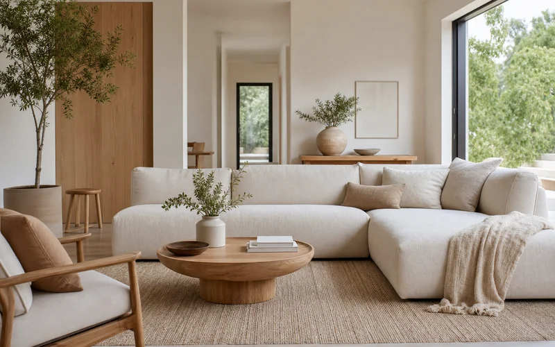 Serene minimalist living room with neutral tones open space and soft natural light