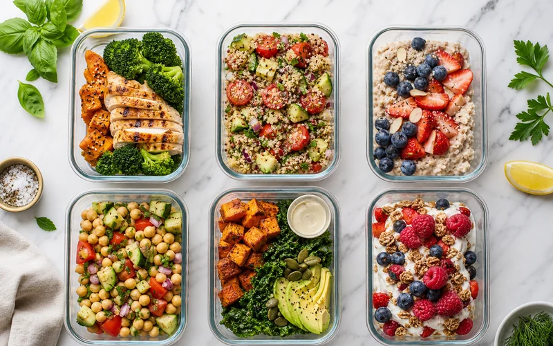 Overhead view of colorful healthy meal prep containers with chicken quinoa oats and salads