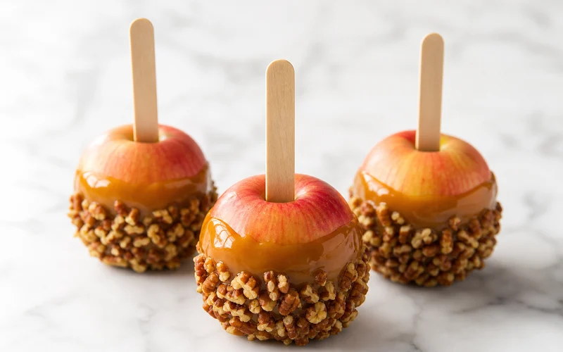 Mini caramel apples on sticks with pecan topping on a white marble platter