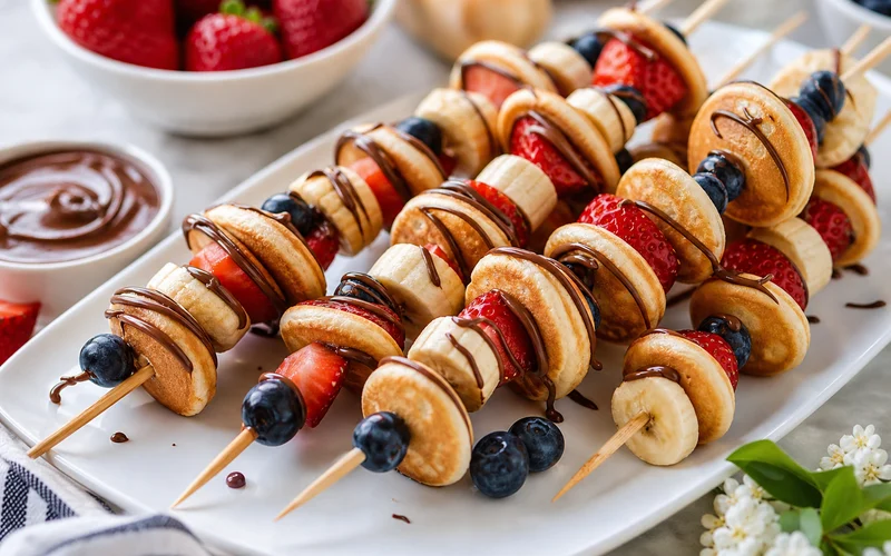 Nutella mini pancake kabobs on wooden skewers with fresh berries and chocolate drizzle on a white platter