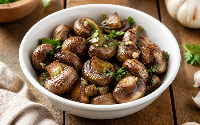 Roasted mushrooms with garlic in a serving bowl garnished with fresh parsley