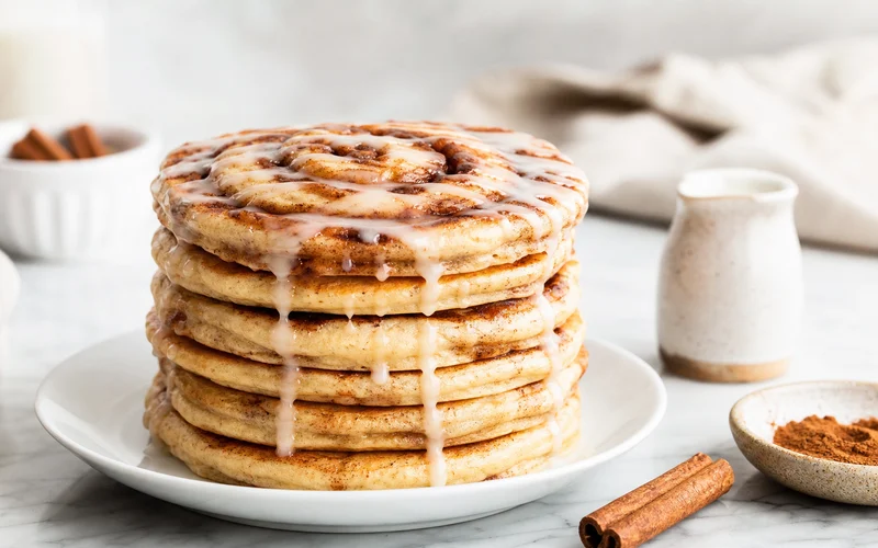Stack of cinnamon roll pancakes with cream cheese glaze on a white plate