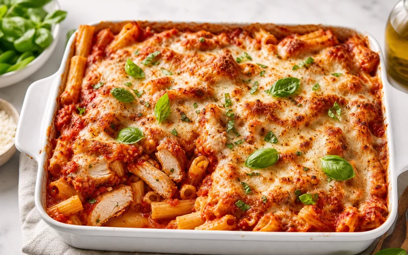 Chicken Parmesan baked ziti in a casserole dish with golden melted cheese and marinara