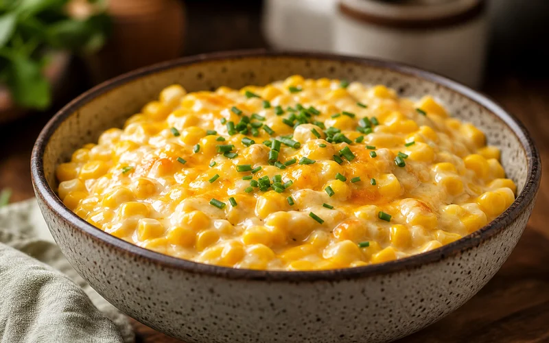 Creamy slow cooker creamed corn in a bowl with chives and rich velvety sauce