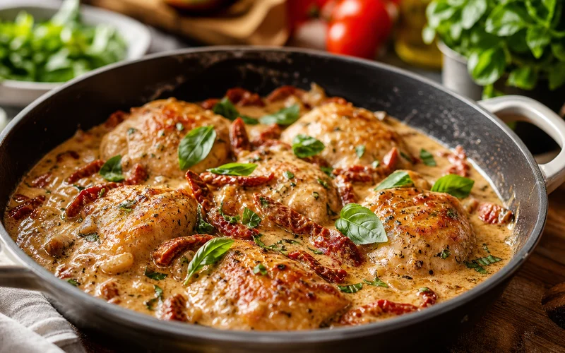 Chicken with sun-dried tomato cream sauce in a skillet with fresh basil garnish