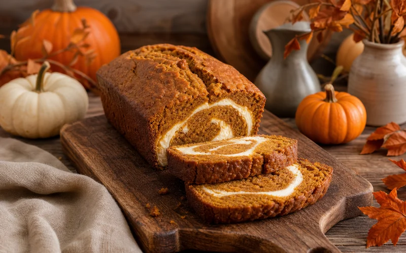 Sliced cream cheese filled pumpkin bread with visible cream cheese swirl on a wooden board