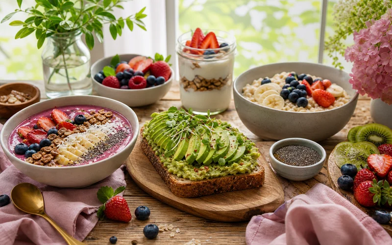 Colorful flat belly breakfast spread with avocado toast smoothie bowl yogurt parfait and fresh berries