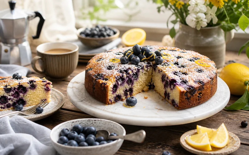 Sliced blueberry breakfast cake with fresh blueberries and powdered sugar on a wooden board