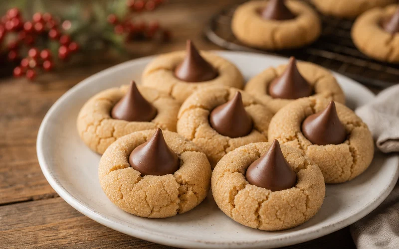 Peanut butter kiss cookies with chocolate Hershey kisses on a white plate
