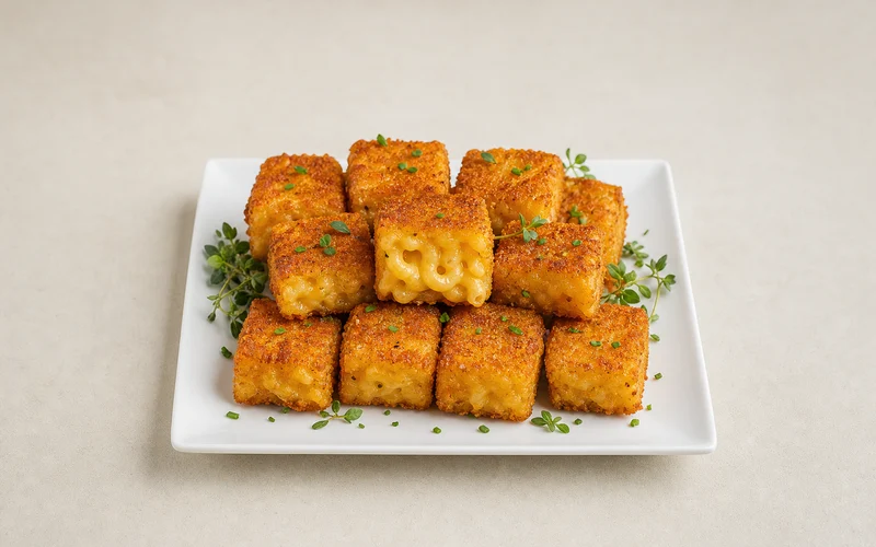 Golden crispy macaroni and cheese bites cut into squares with gooey cheddar center on a white serving platter