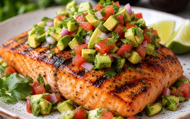 Grilled salmon fillet with charred grill marks topped with fresh avocado salsa on a white plate