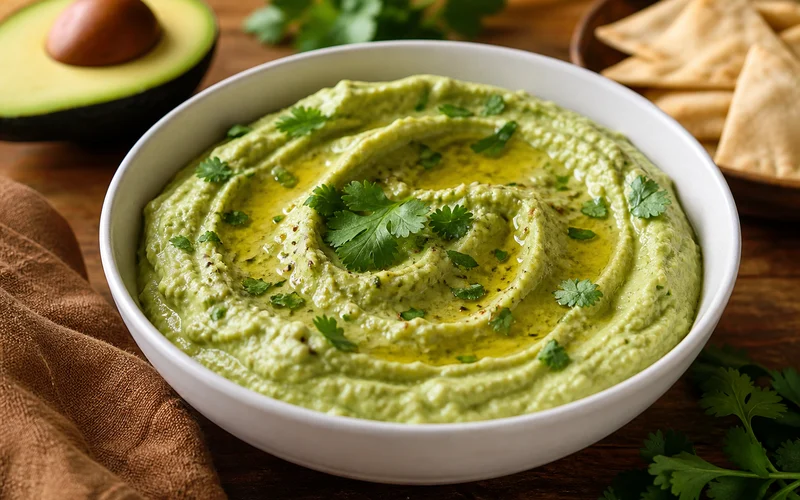 Creamy avocado hummus in a white bowl drizzled with olive oil and fresh cilantro garnish