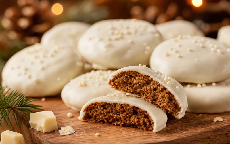White chocolate dipped ginger cookies on a wooden board with warm holiday lighting