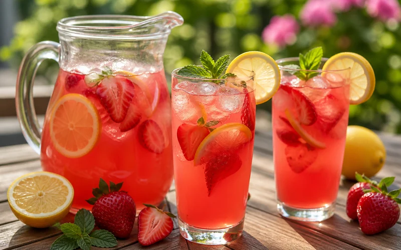 Fresh strawberry lemonade in a glass pitcher with ice mint and lemon garnish on a summer table