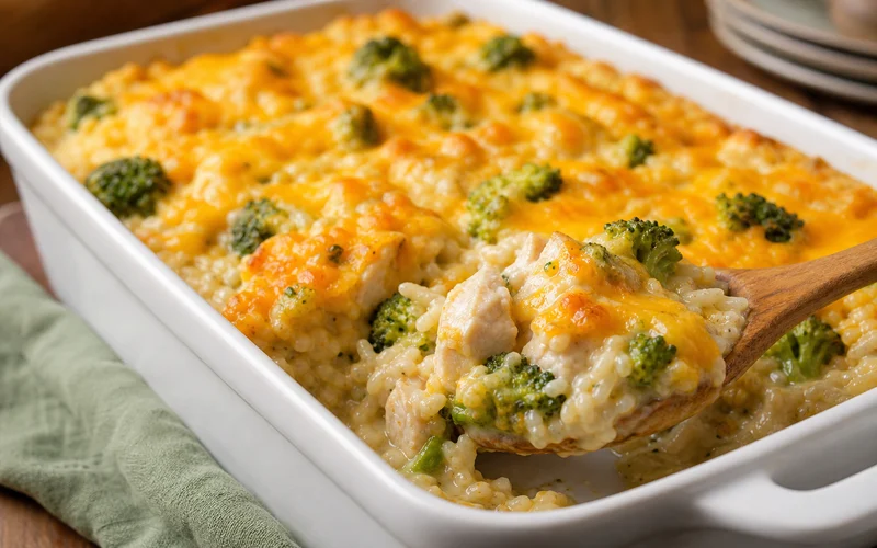 Chicken broccoli rice casserole with melted cheddar cheese in a baking dish