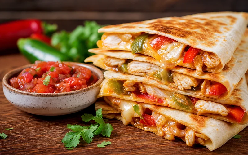 Golden chicken fajita quesadillas cut into wedges with melted cheese and colorful pepper filling on a serving board