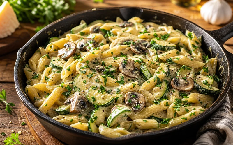 One-pot zucchini mushroom pasta with penne cremini mushrooms and zucchini in a creamy garlic sauce garnished with parsley
