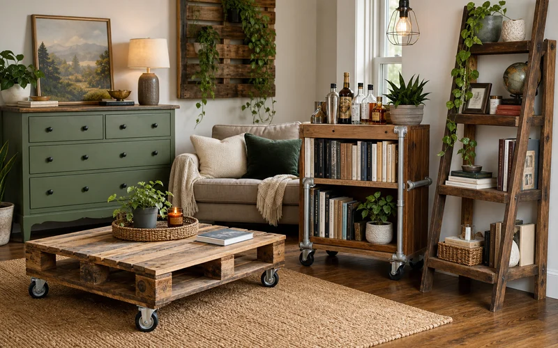 Collage of creative DIY furniture hacks including painted dresser pallet table and bar cart in a styled home