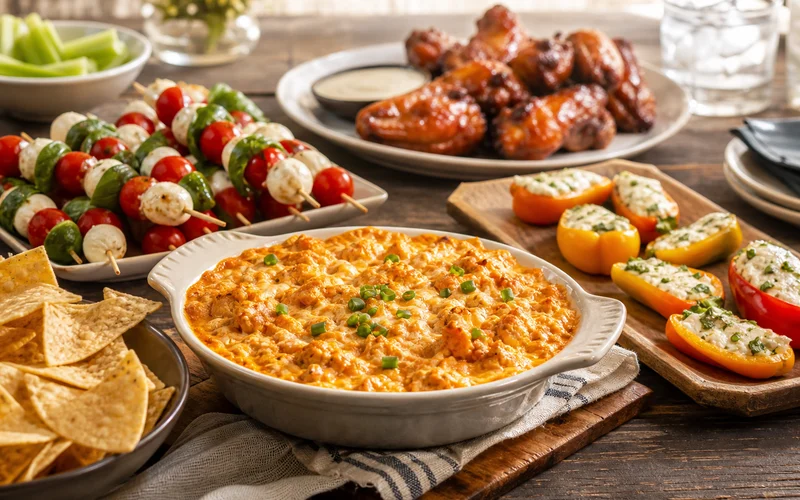 Mouthwatering party appetizer spread with buffalo dip skewers wings and colorful finger foods on a summer table