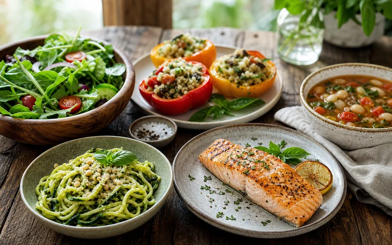Healthy low calorie dinner spread with grilled salmon salad zucchini noodles and colorful vegetable bowls