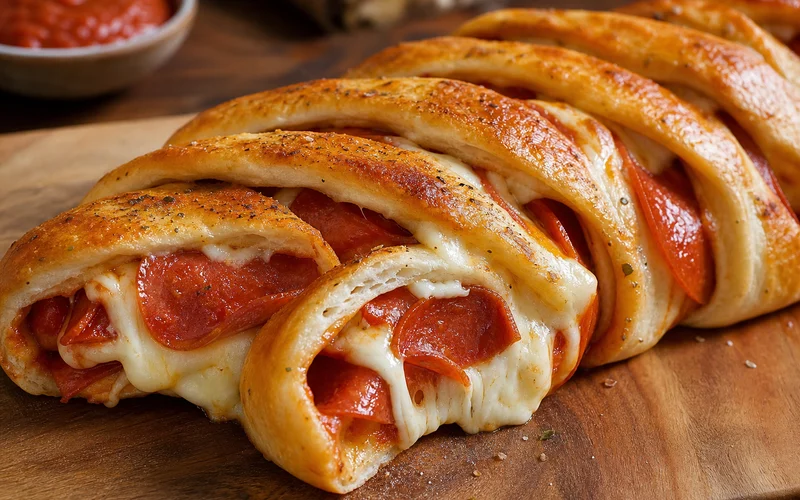 Golden baked pepperoni pizza braid with melted cheese and pepperoni