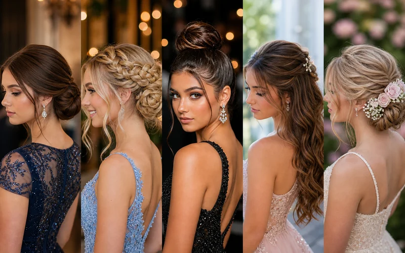 Five elegant prom updo hairstyles collage featuring chignon braided updo sleek high bun half-up and floral bun