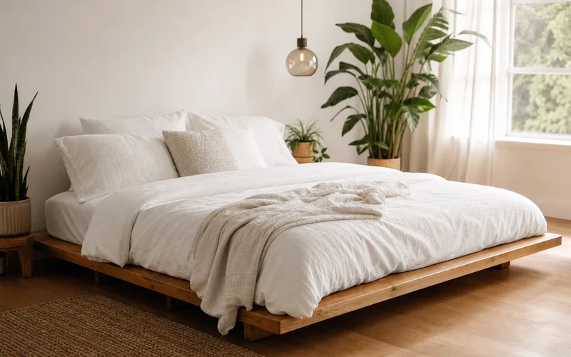 Finished DIY wooden platform bed with white linen bedding in a bright modern bedroom