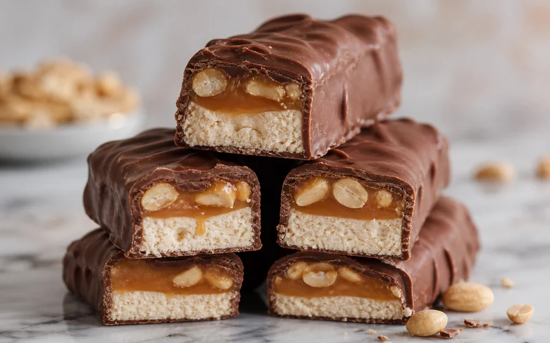 Stack of homemade Snickers candy bars showing chocolate caramel peanut and nougat layers on a marble counter