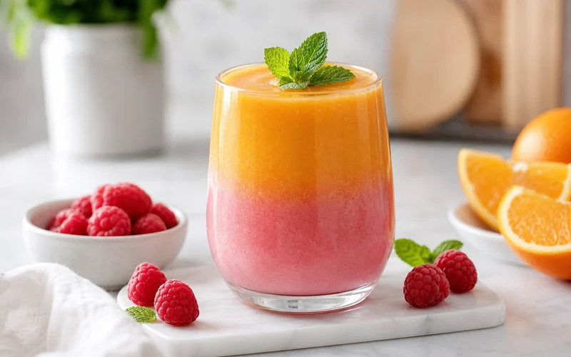 Layered raspberry sunrise smoothie in a clear glass with pink and orange gradient on a bright kitchen counter