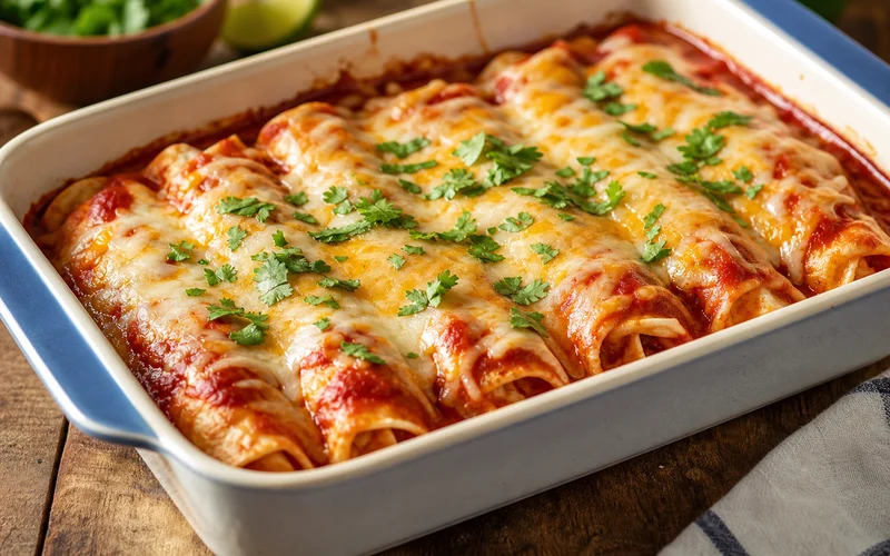Baked easy chicken enchiladas with melted cheese and red sauce in a baking dish