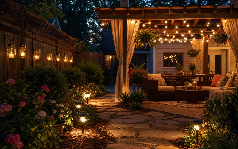 DIY outdoor patio lighting ideas with warm string lights at dusk