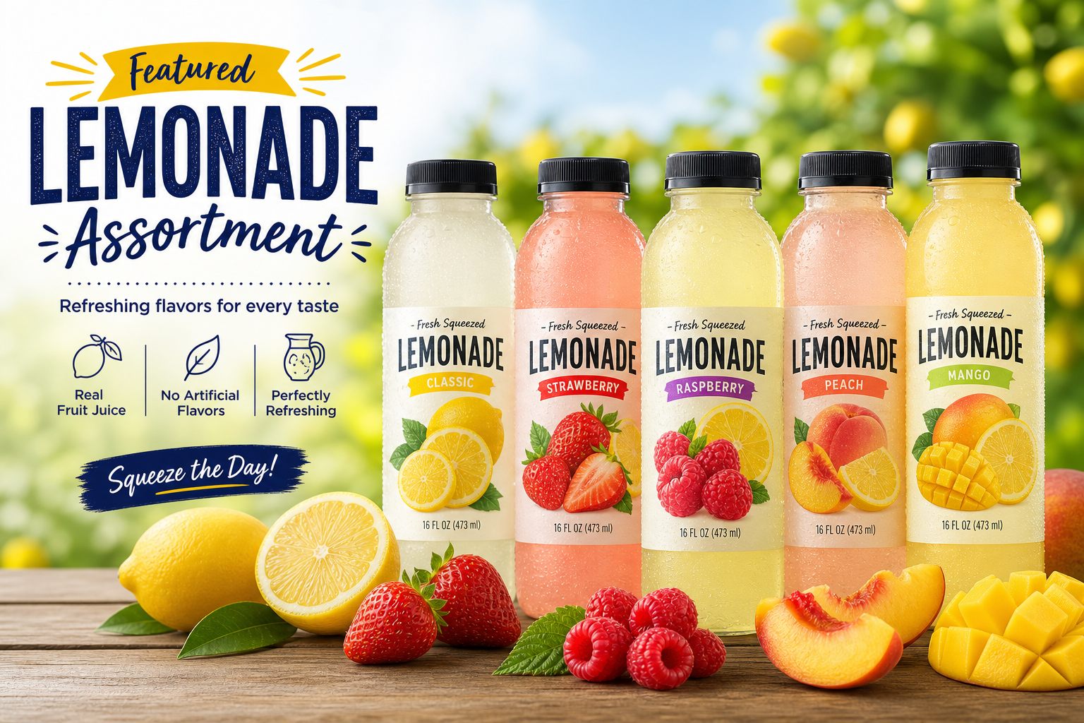 Assortment of colorful homemade lemonade varieties in glass pitchers for summer
