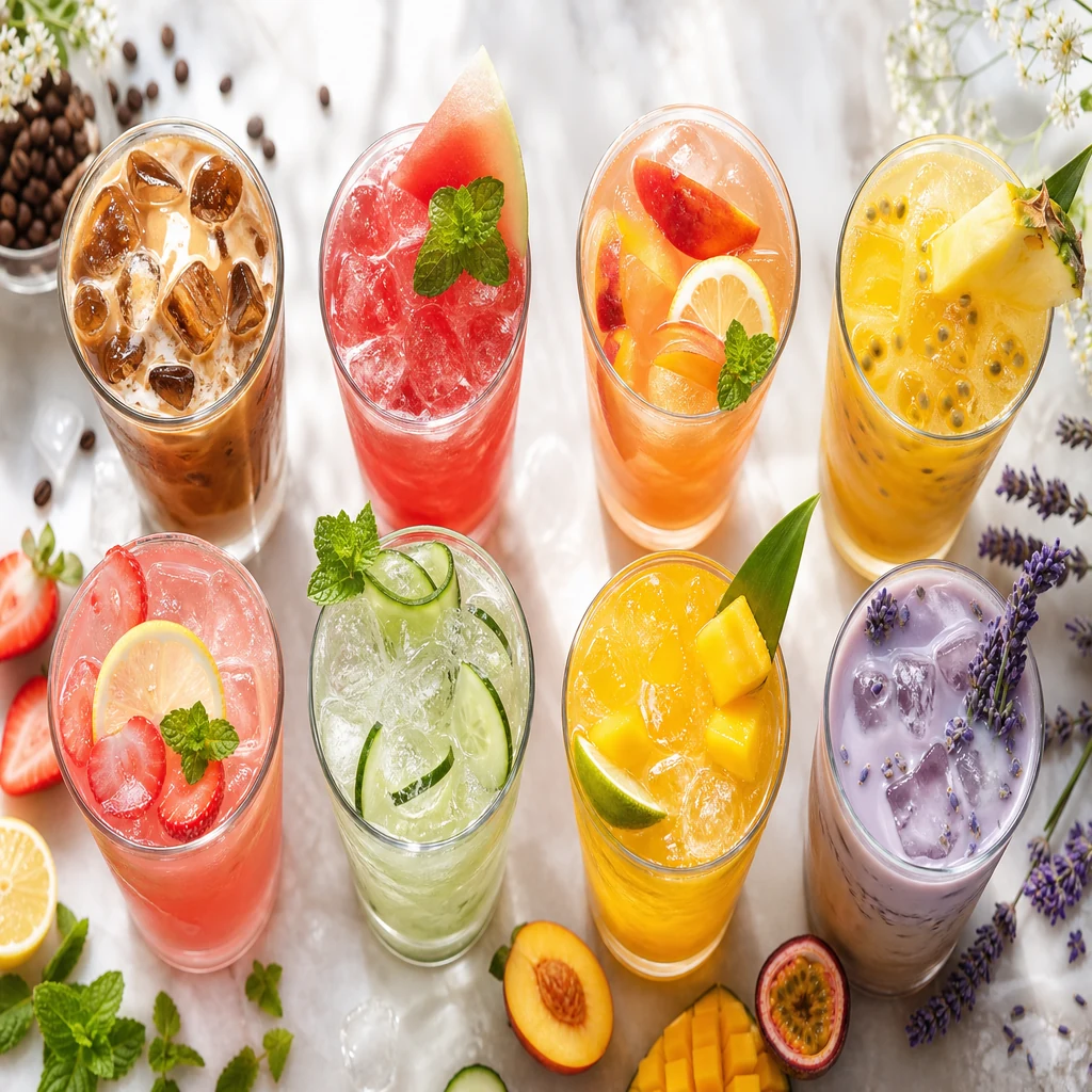 Eight refreshing summer drink recipes on a bright kitchen counter