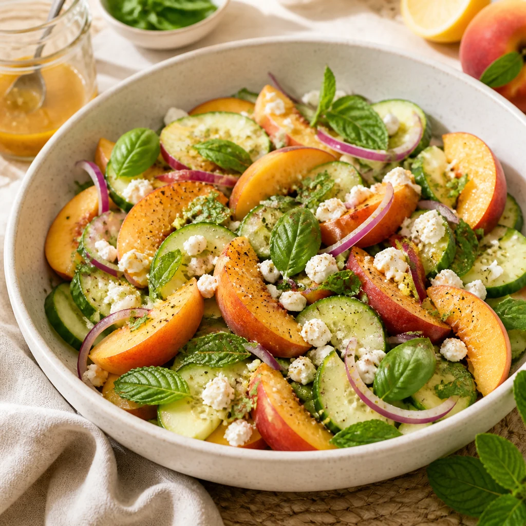 Finished peach cucumber salad with feta mint basil and red onion